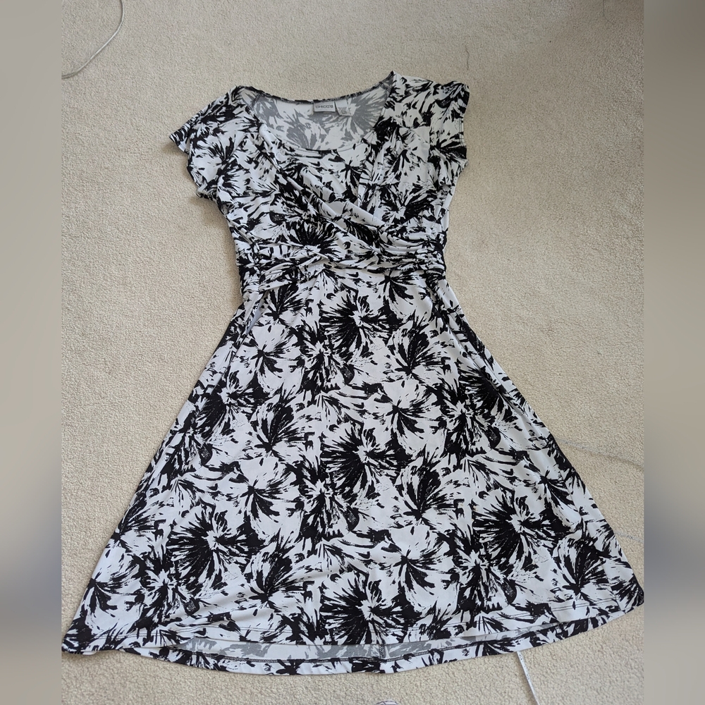 Stretchy Chico's Black and White Patterned Midi Dress